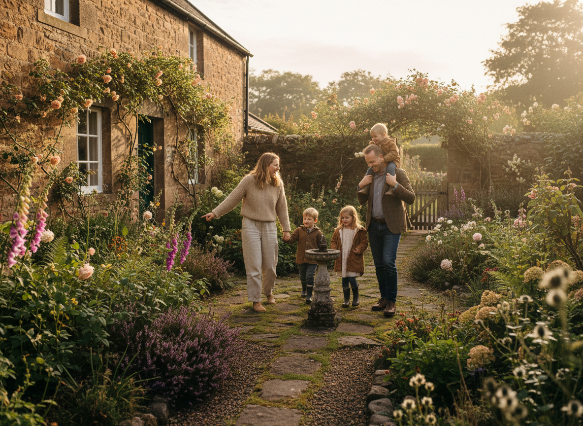 A warm, candid lifestyle photograph of a young family with children exploring a beautiful Scottish stone cottage garden in soft golden light. Natural, editorial feel — not staged or AI-looking. Warm tones, lush greenery, authentic family moment.