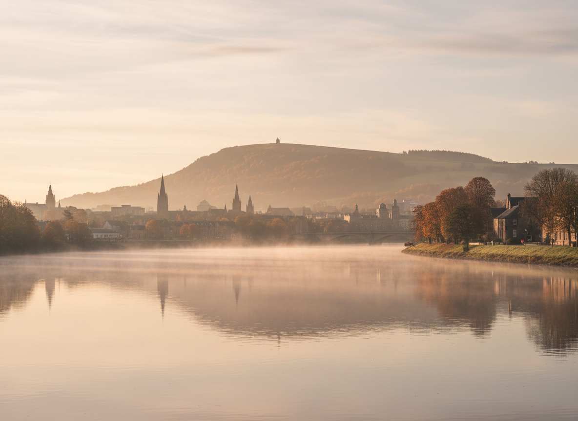 An elegant, atmospheric editorial photograph of Perth, Scotland — the River Tay at golden hour with the city skyline and Kinnoull Hill in the background. Soft warm tones, mist on the water, autumnal light. Premium, refined, understated luxury feel in keeping with a high-end Scottish property brand. Wide landscape format.